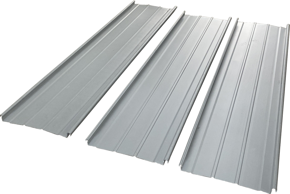 Three formed roof panels showing the target ribs and connecting edges
