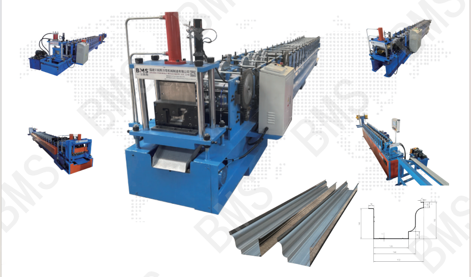 Spanish gutter roll forming line, machine views, finished gutters and gutter profile drawing