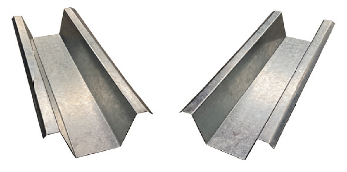 Two complete formed steel hat-profile components with different section proportions