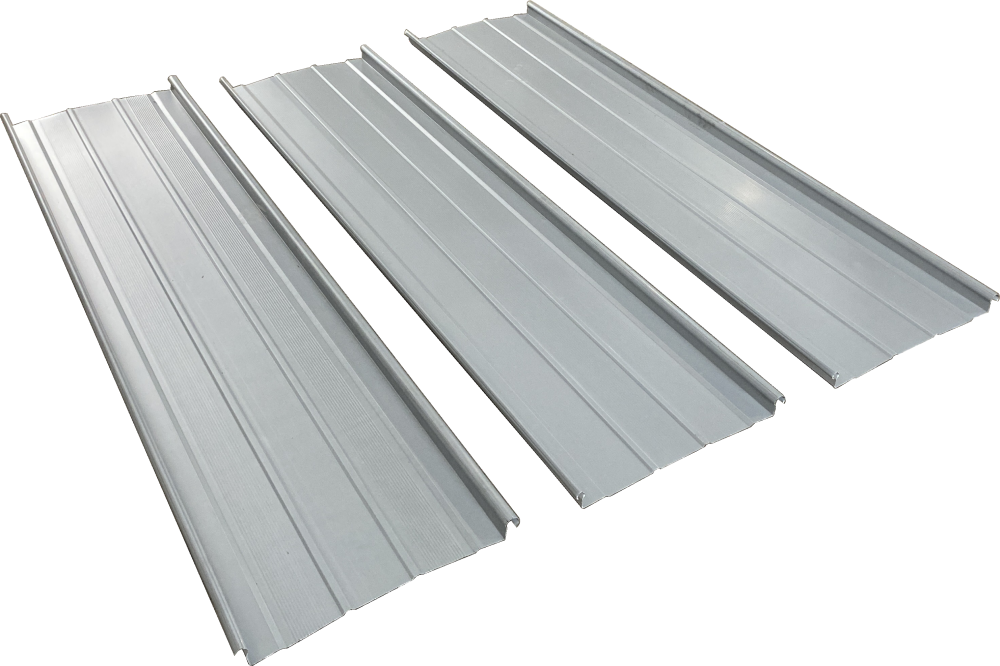 Two groups of formed roof panels showing the target rib and edge shape