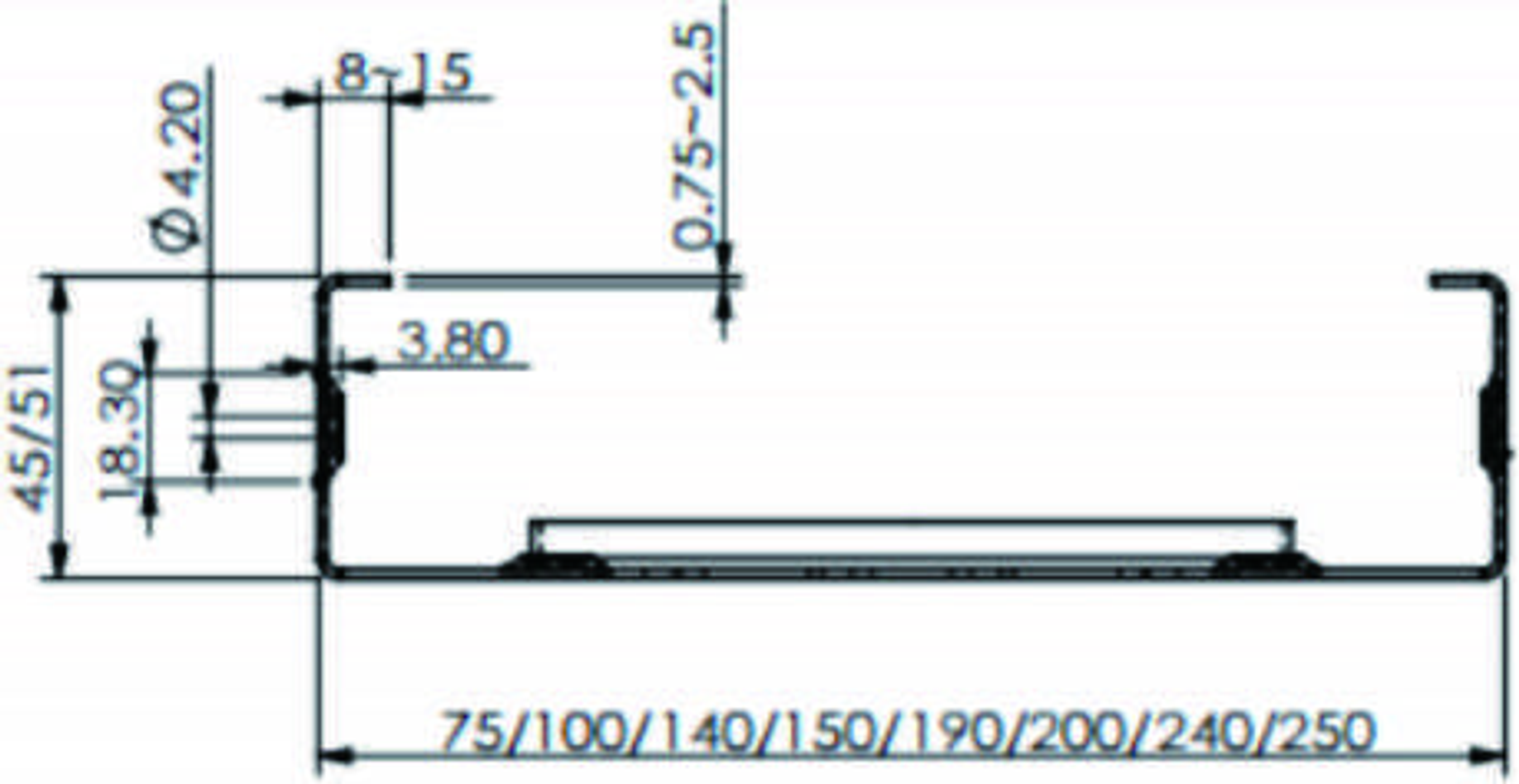 CU75-250 lipped C-section reference drawing with web, flange, lip and thickness dimensions