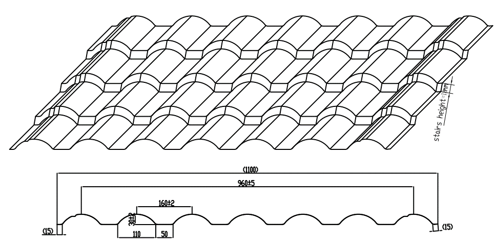 گلیزڈ ٹائل اور ٹریپیزائڈل چھت کے پینل کی پروفائل ڈرائنگ