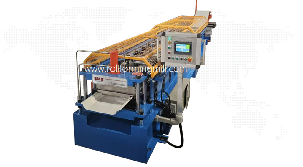 BMS roof-panel forming line with blue frame, yellow guards, controls and profile shear